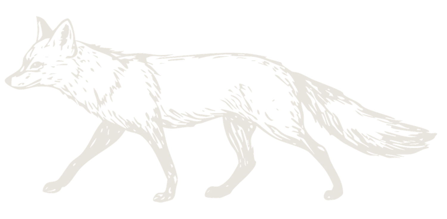 Minimalist line art illustration of a walking fox in pale beige tones on white background.