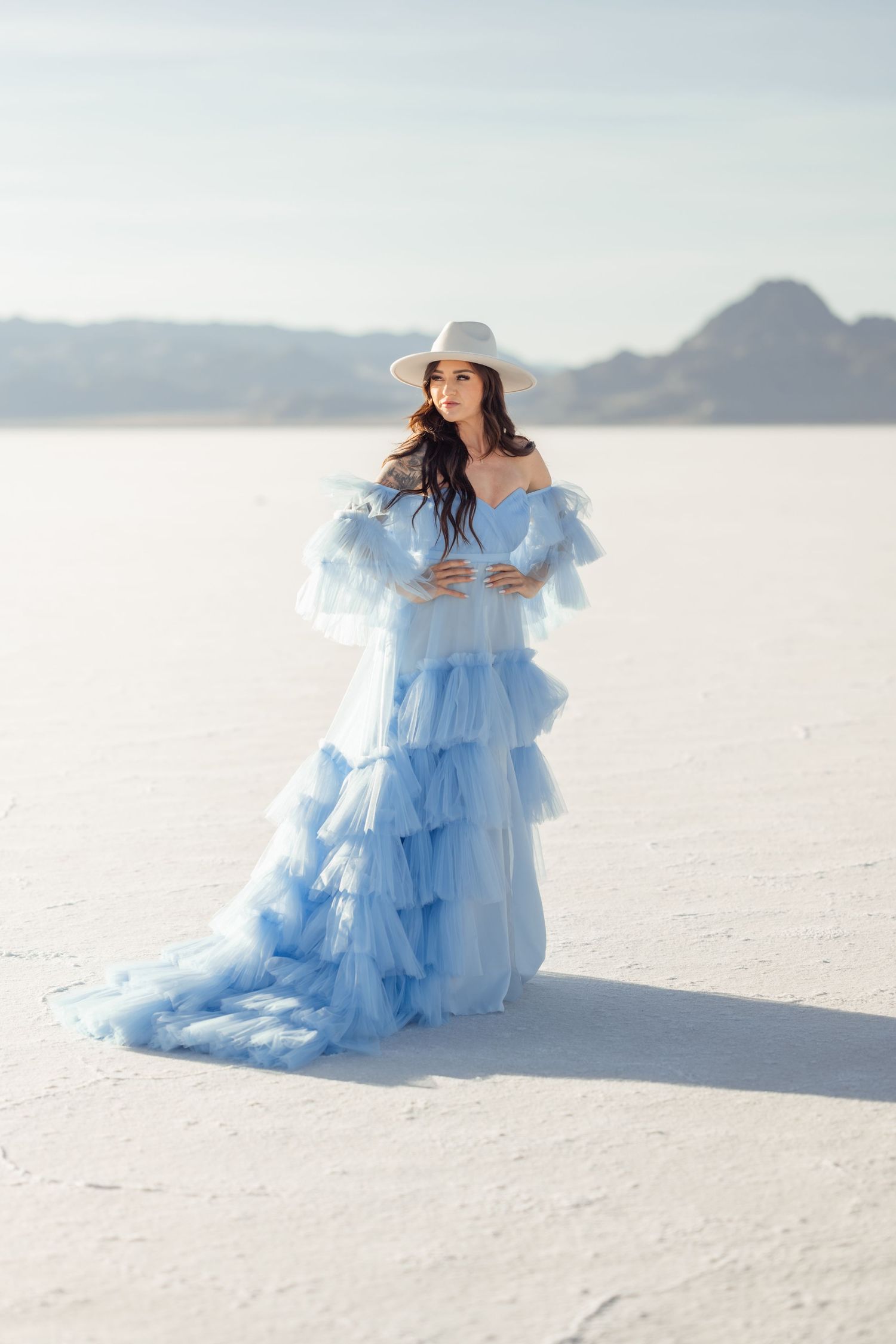 Portraits in beautiful dress at the Salt Flats by Salt Flats Photographer during sunset