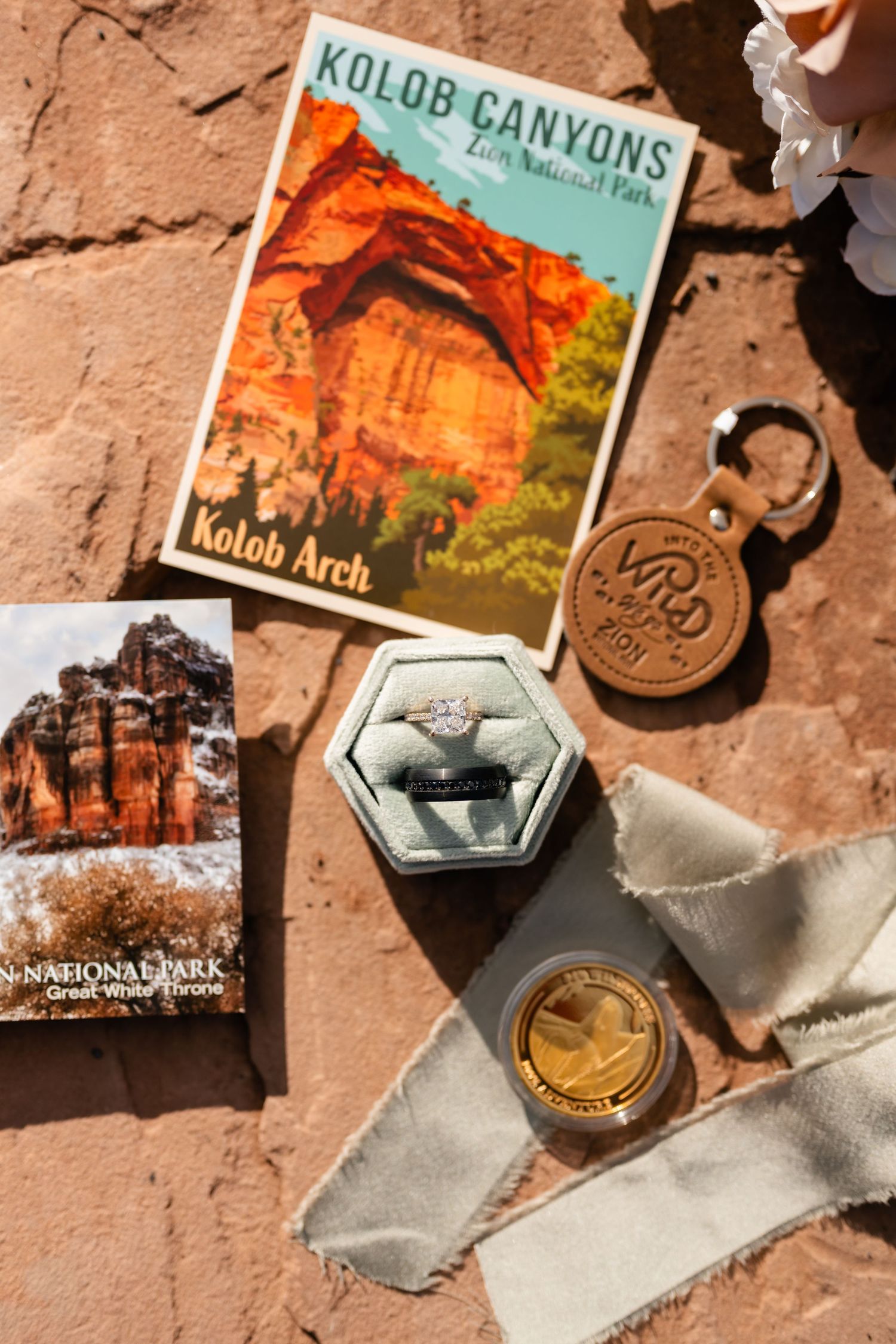 National Parks collectible pins and postcards displayed on red sandstone rock surface.