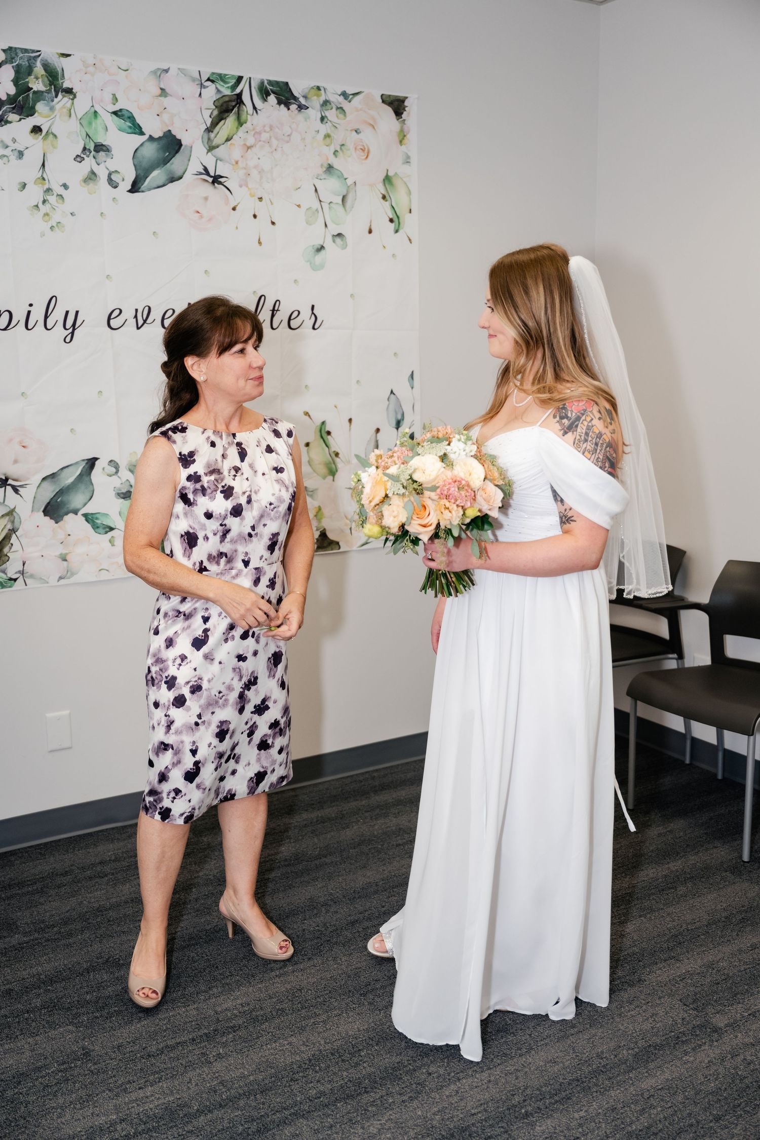 A series of candid moments during a wedding photoshoot showing a floral dress and white gown against a botanical backdrop.