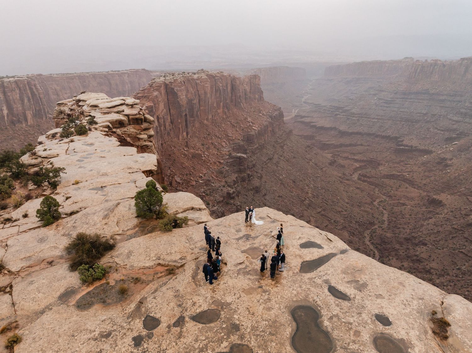 Wedding party stands on dramatic cliff edge overlooking vast desert canyons.