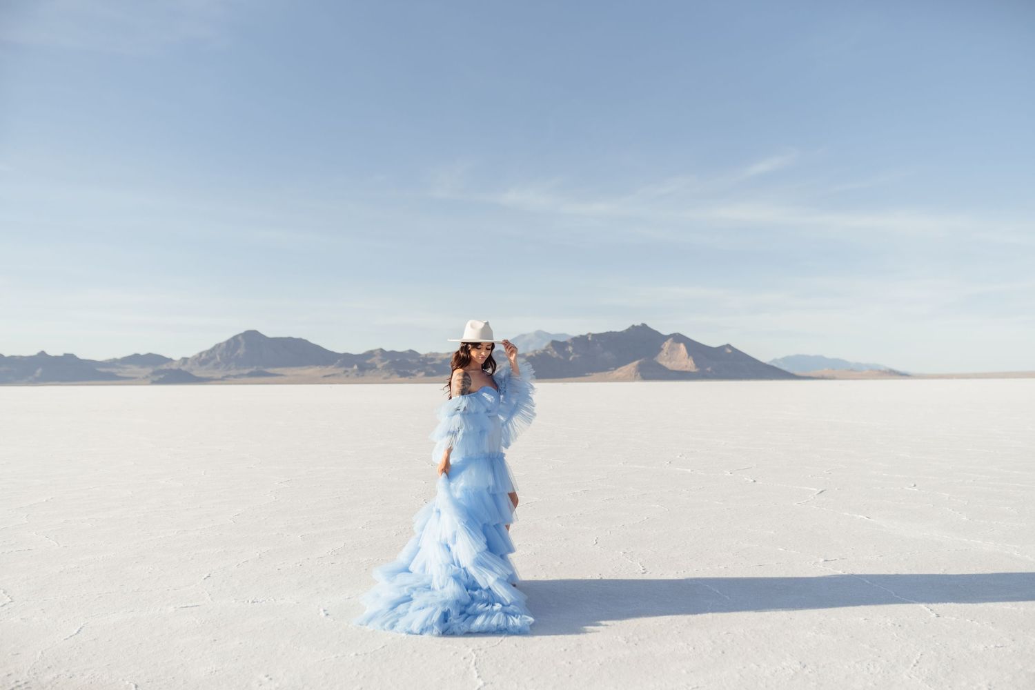 Portraits in beautiful dress at the Salt Flats by Salt Flats Photographer during sunset