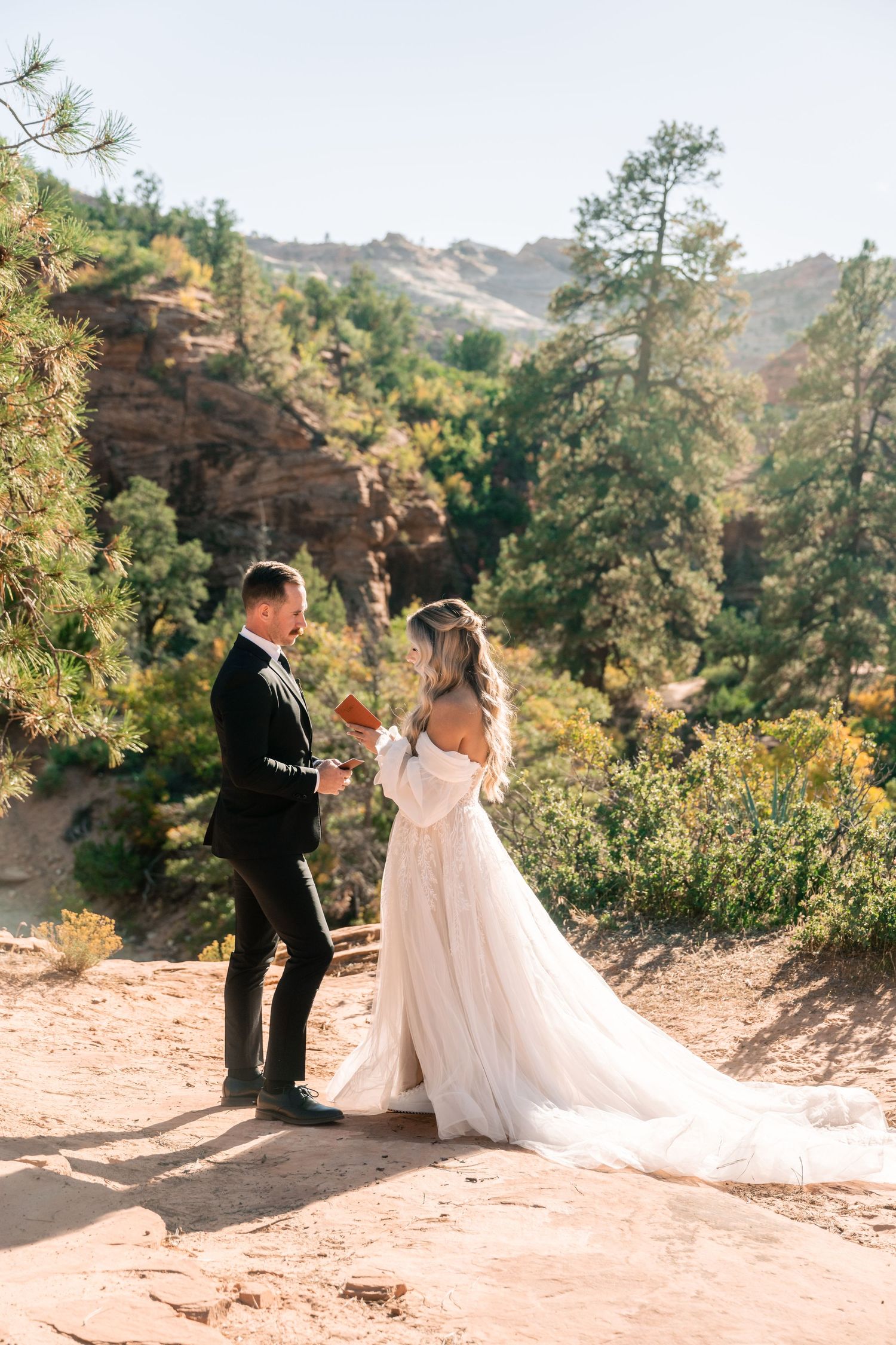 Couple embracing on red rock cliff during wedding photoshoot with scenic mountain backdrop.