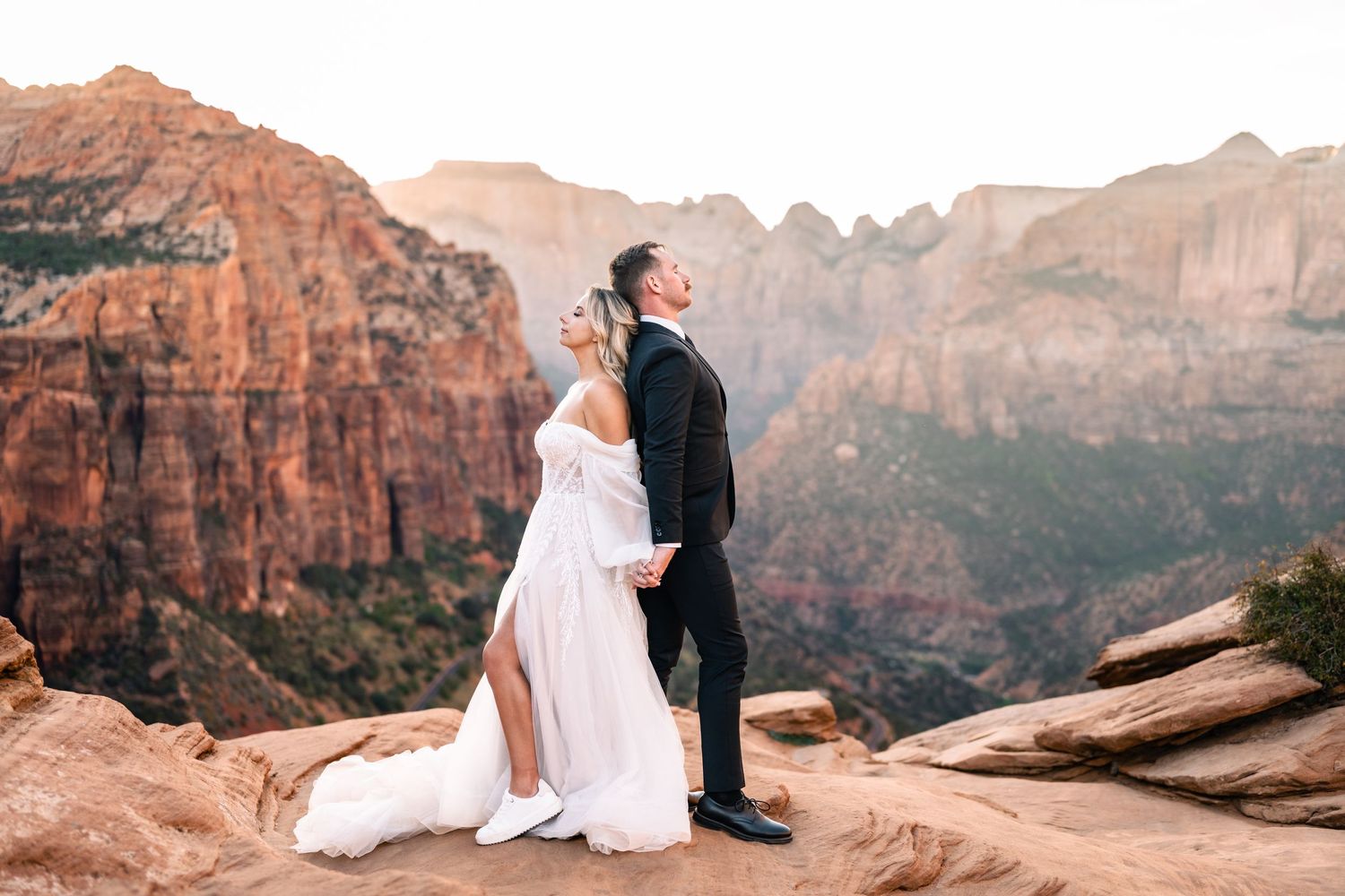 Wedding couple portraits in Zion National Park in October by Zion wedding photographer