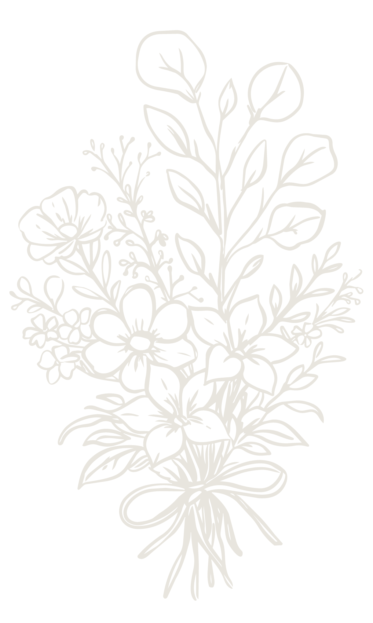 Delicate hand-drawn floral bouquet illustration in soft ivory tones featuring wildflowers, leaves, and a ribbon bow.
