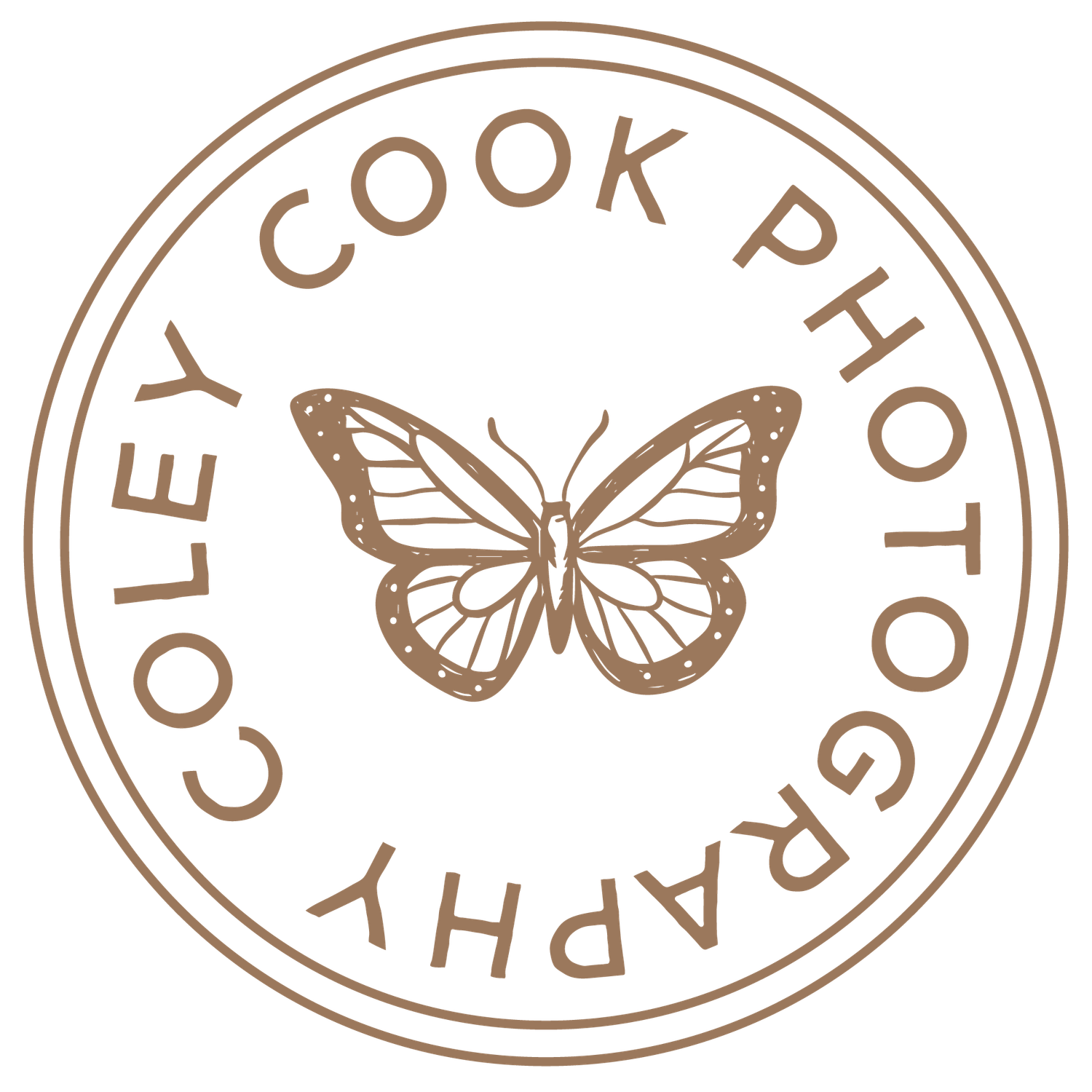 Circular logo for Coley Cook Photography featuring a detailed butterfly illustration in warm brown tones.