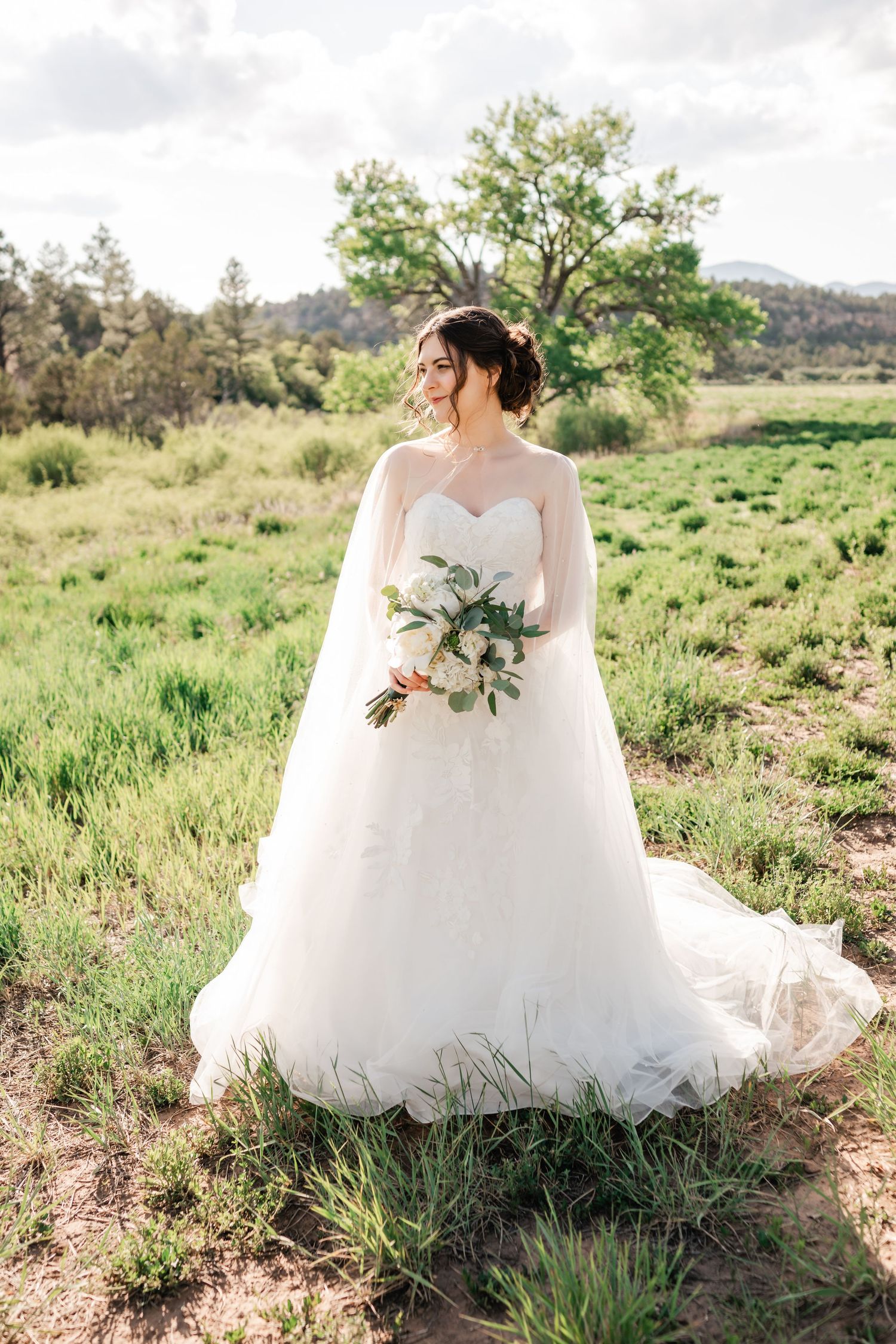 White wedding gown with floral details photographed in a rustic outdoor setting.