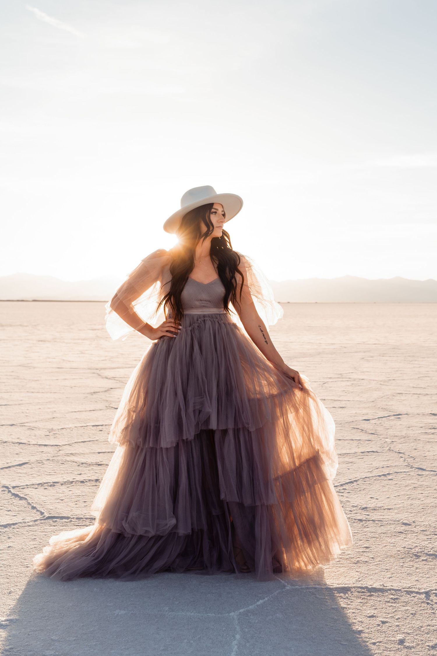 Portraits in beautiful dress at the Salt Flats by Salt Flats Photographer during sunset