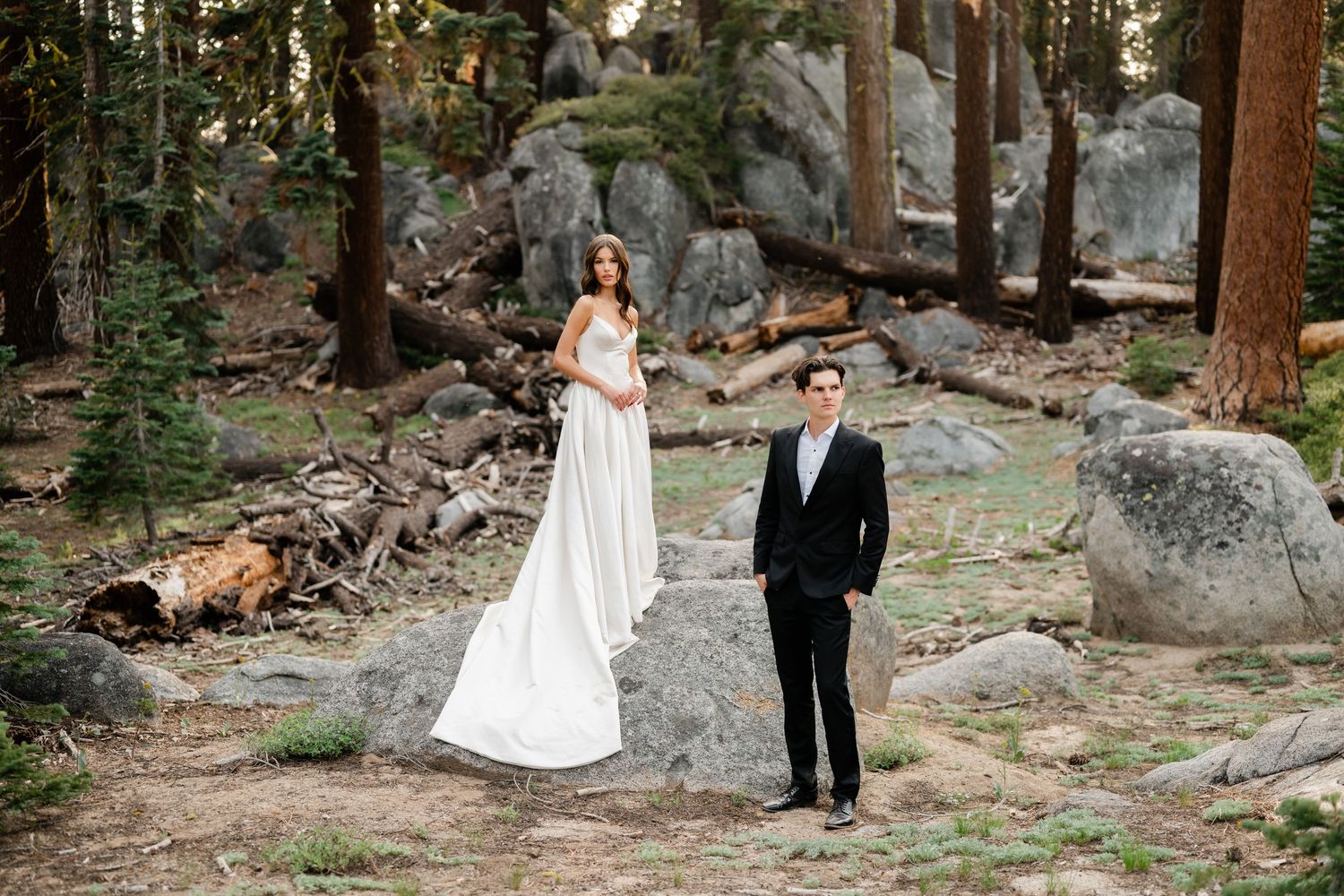 Bride in white gown stands on rock as groom in black suit poses below in a forest wedding photo.