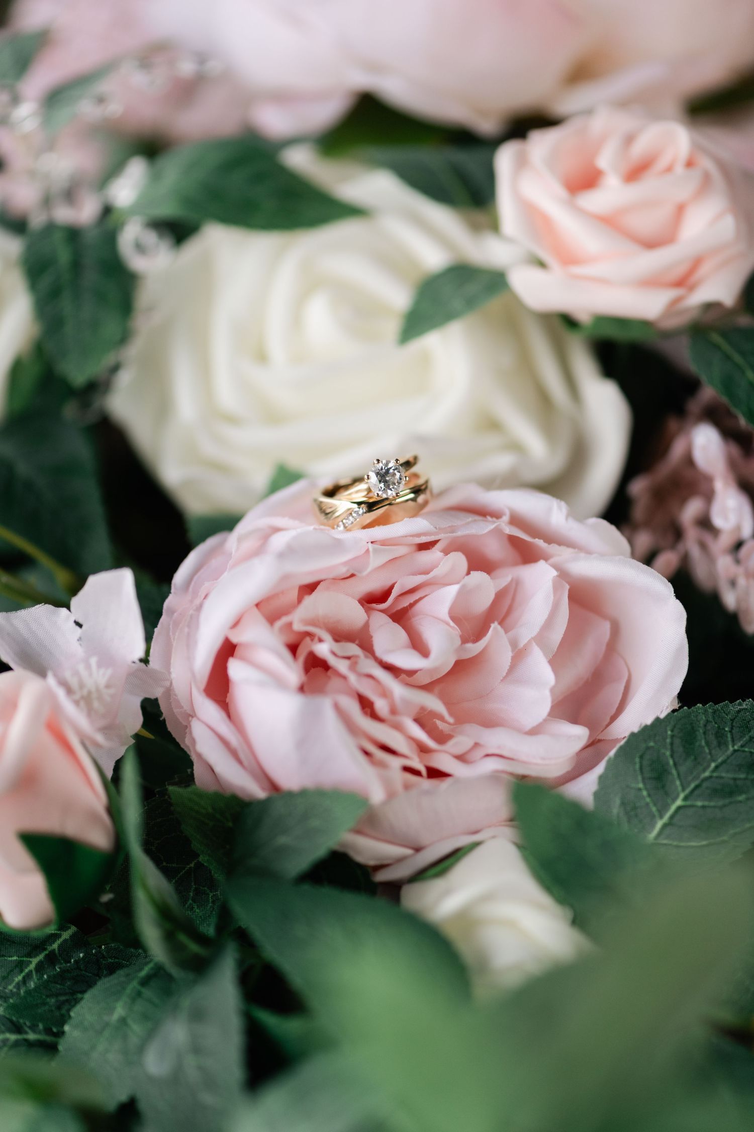 Delicate pink and white roses with wedding rings nestled among the petals.