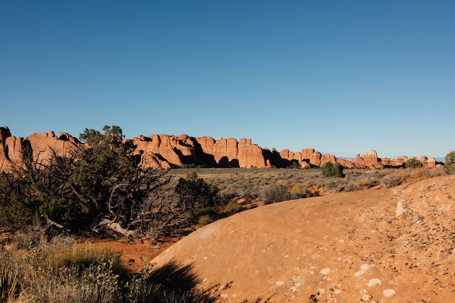 Panoramic view of red rock formations and desert landscape against bright blue sky.