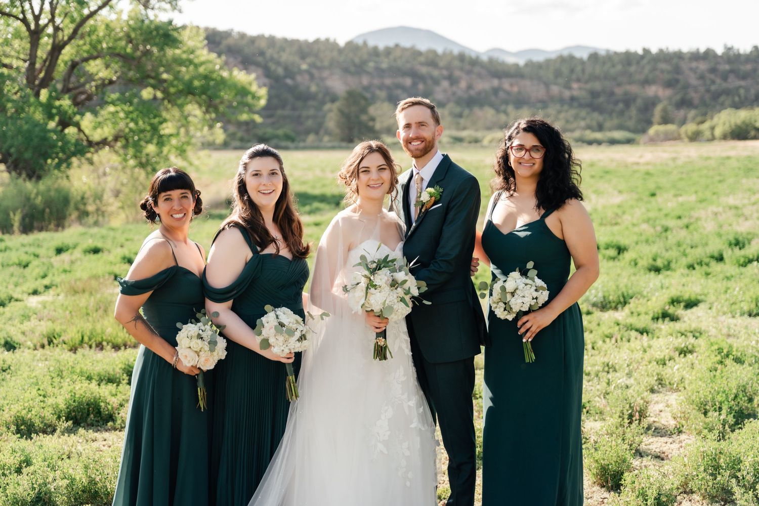 A wedding party in emerald green dresses and black suits poses together in a scenic outdoor mountain setting.
