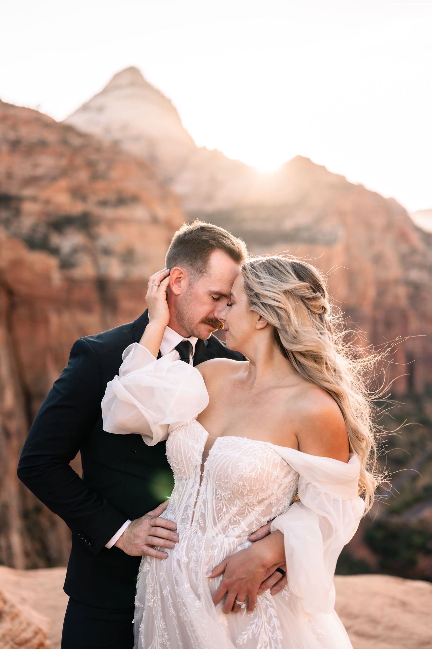 Wedding couple portraits in Zion National Park in October by Zion wedding photographer
