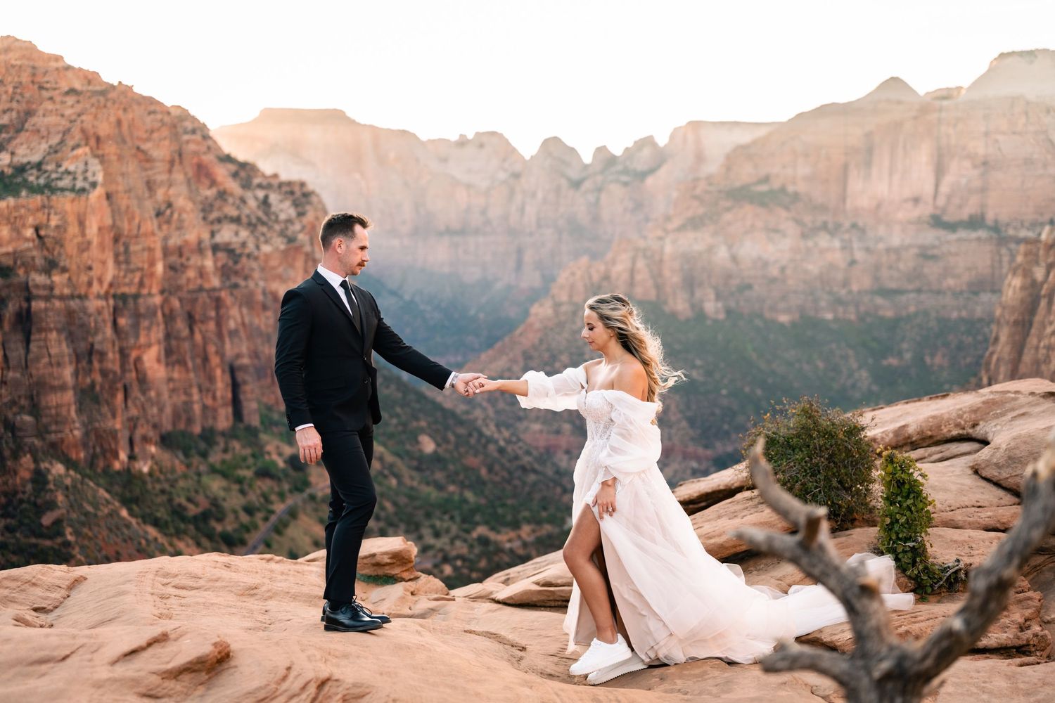 Wedding couple portraits in Zion National Park in October by Zion wedding photographer