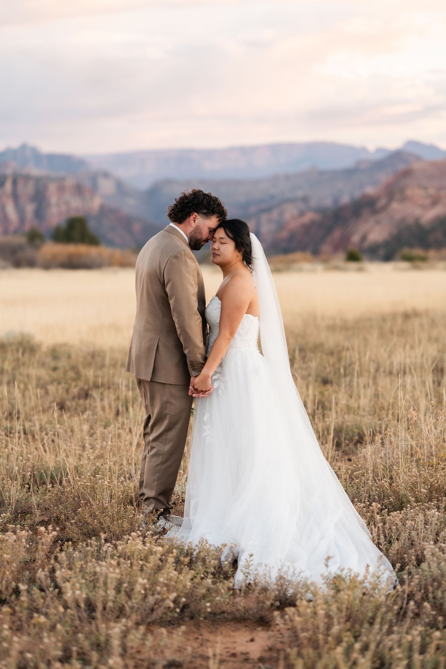 A couple in wedding attire shares an intimate moment in a golden field above Zion National Park. Utah Elopement Photographer, Coley Cook.
