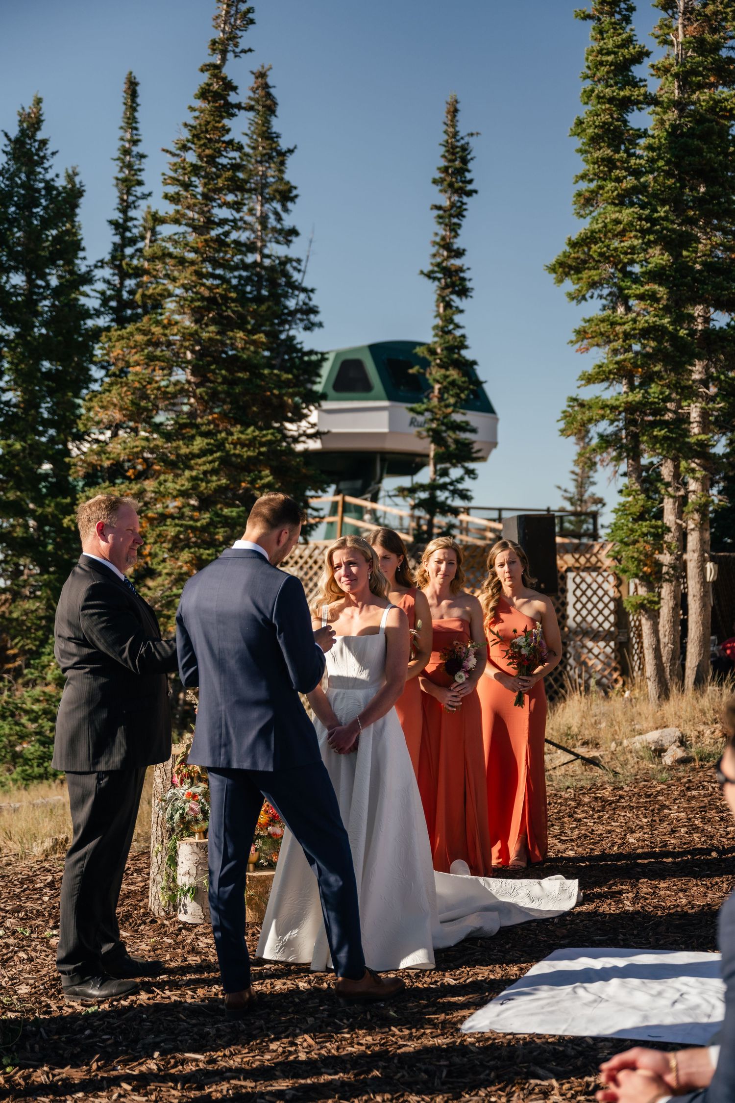 Wedding party celebrates on a scenic mountain overlook with evergreen trees in the background.