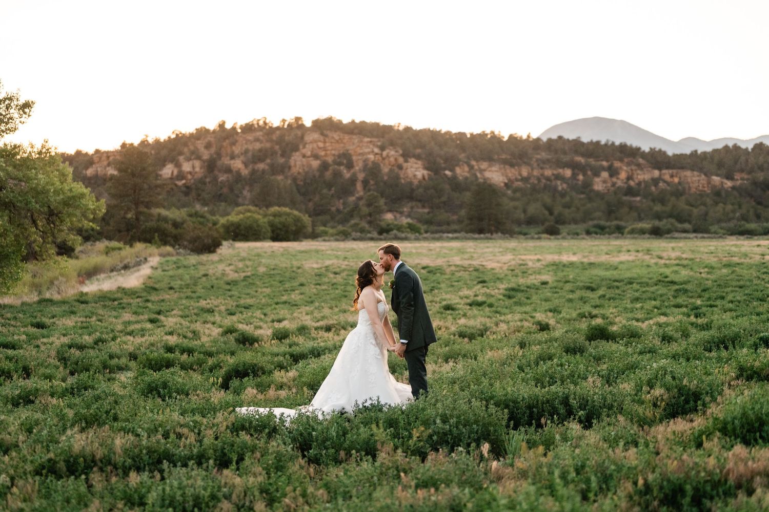 Wedding couple poses in a scenic mountain meadow during golden hour.