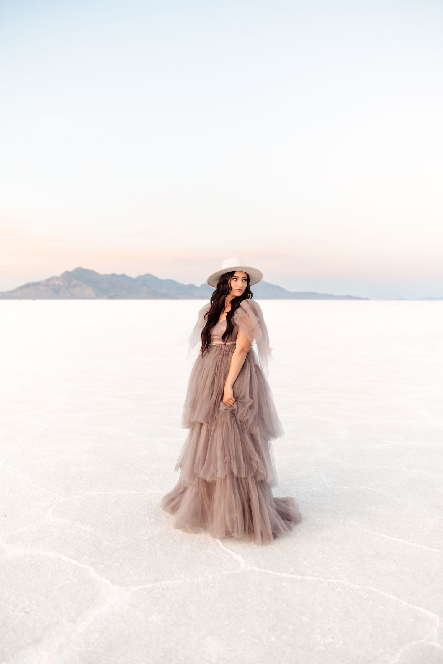 Portraits in beautiful dress at the Salt Flats by Salt Flats Photographer during sunset