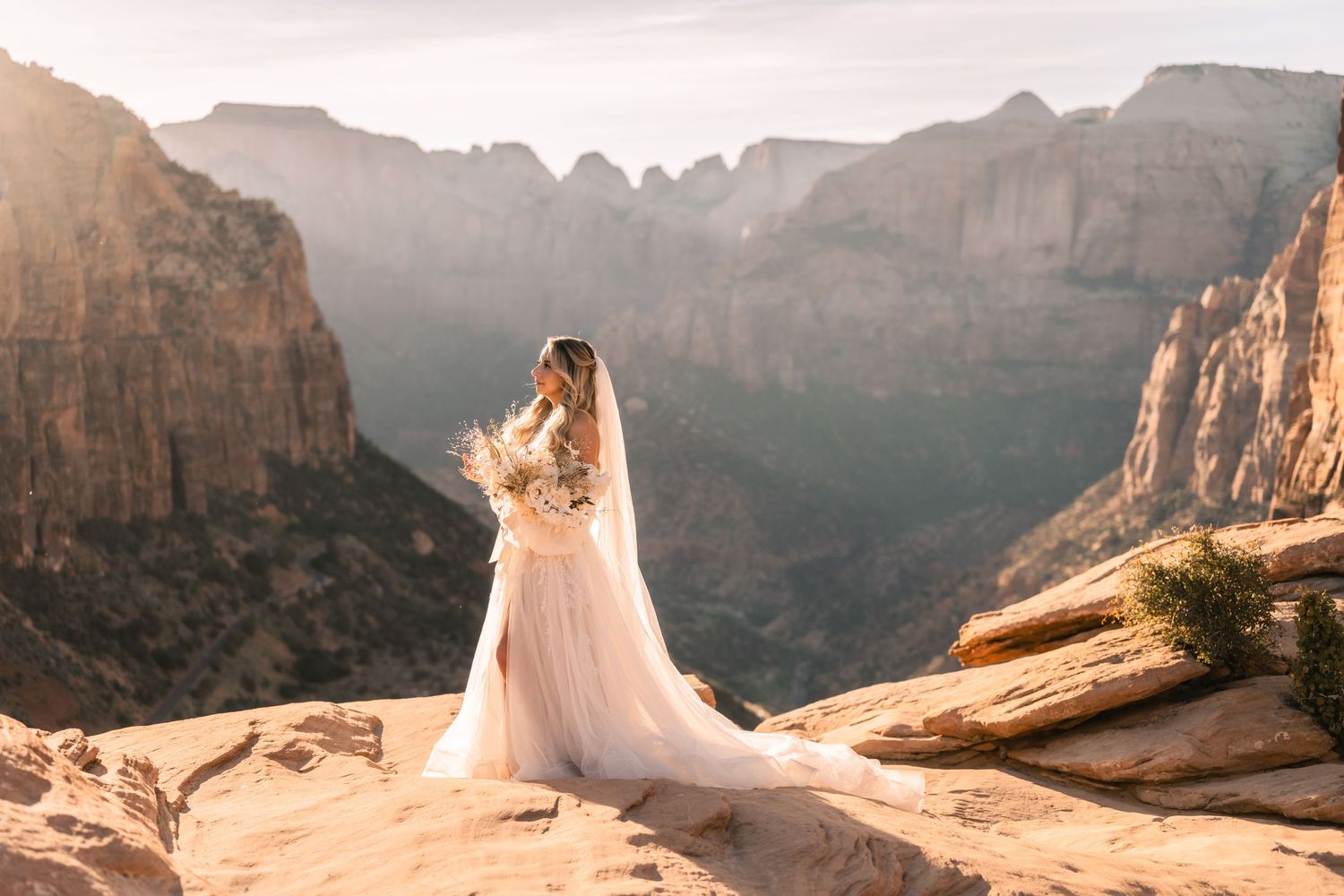 Bridal portrait at Zions National Park during golden hour by Zion elopement photographer