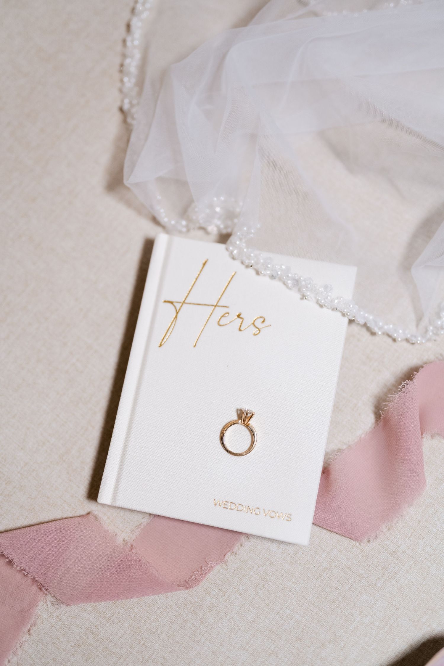 Minimalist wedding invitation details with gold foil ring design on white paper.