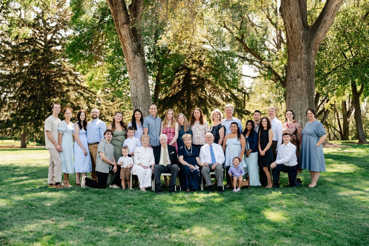 A group of people in formal attire gather outdoors under large trees for a family portrait session.