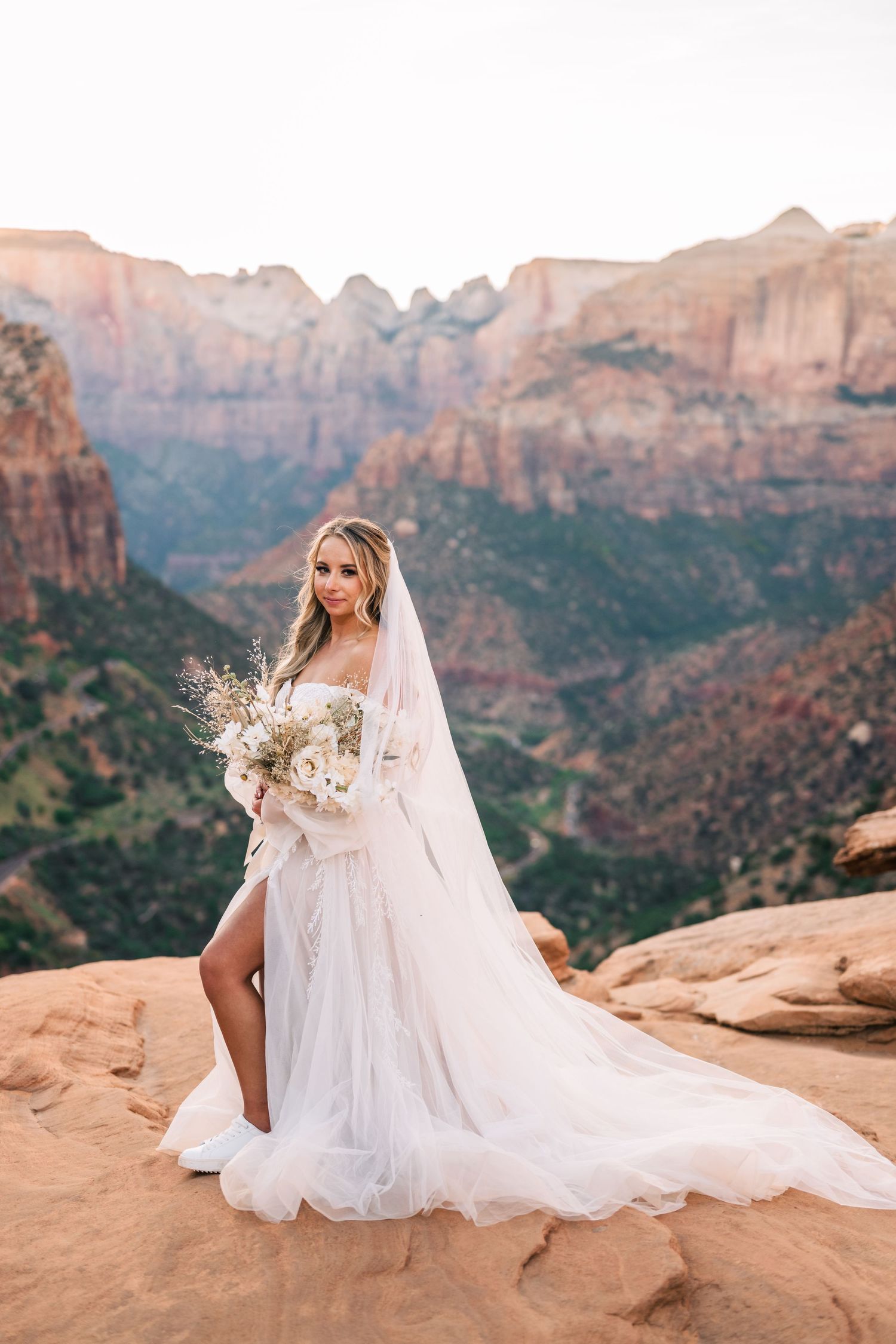 Bridal portrait at Zions National Park during golden hour by Zion elopement photographer