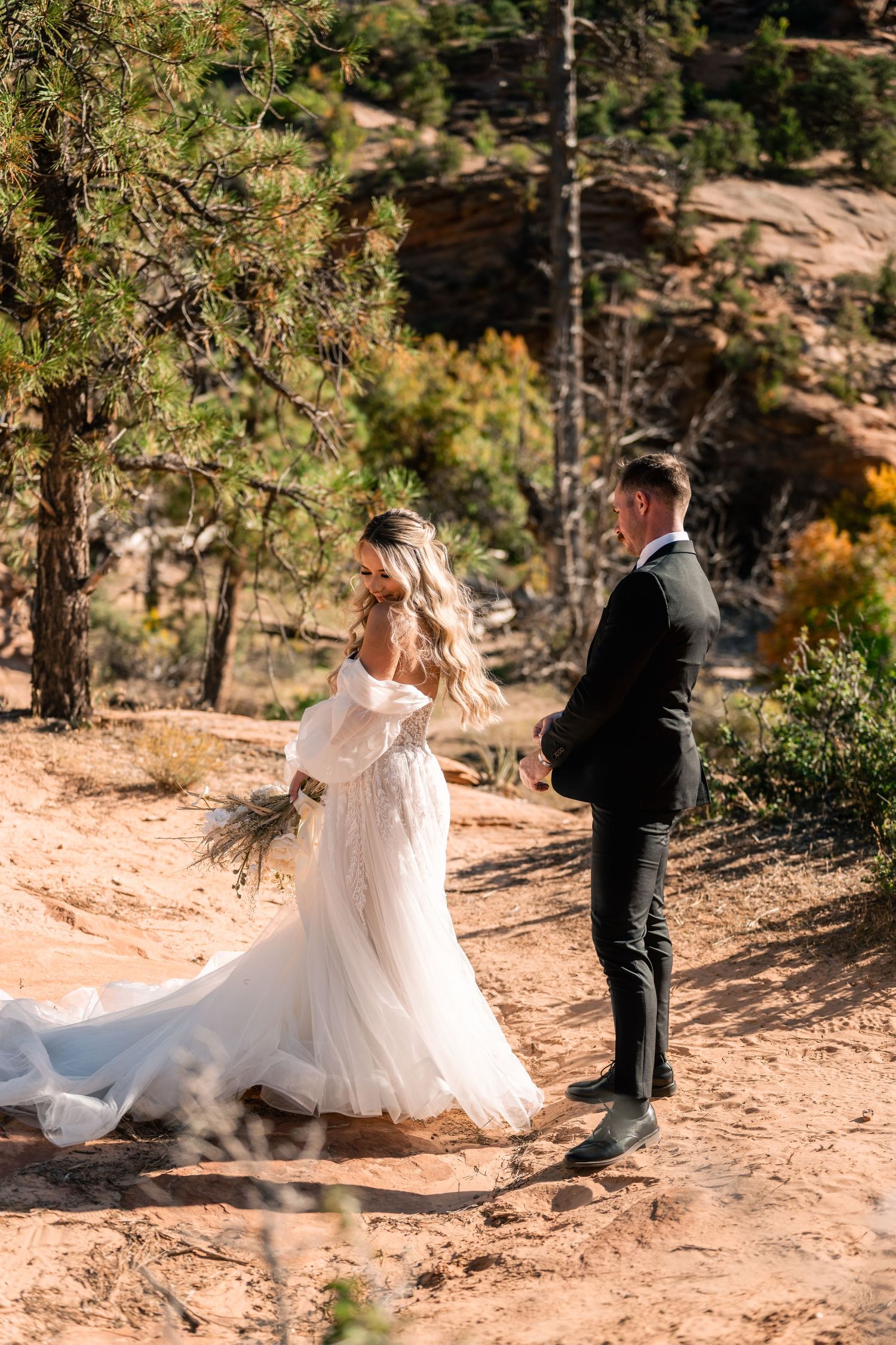 First look between bride and groom at the Temple of Sinawava in Zion National Park
