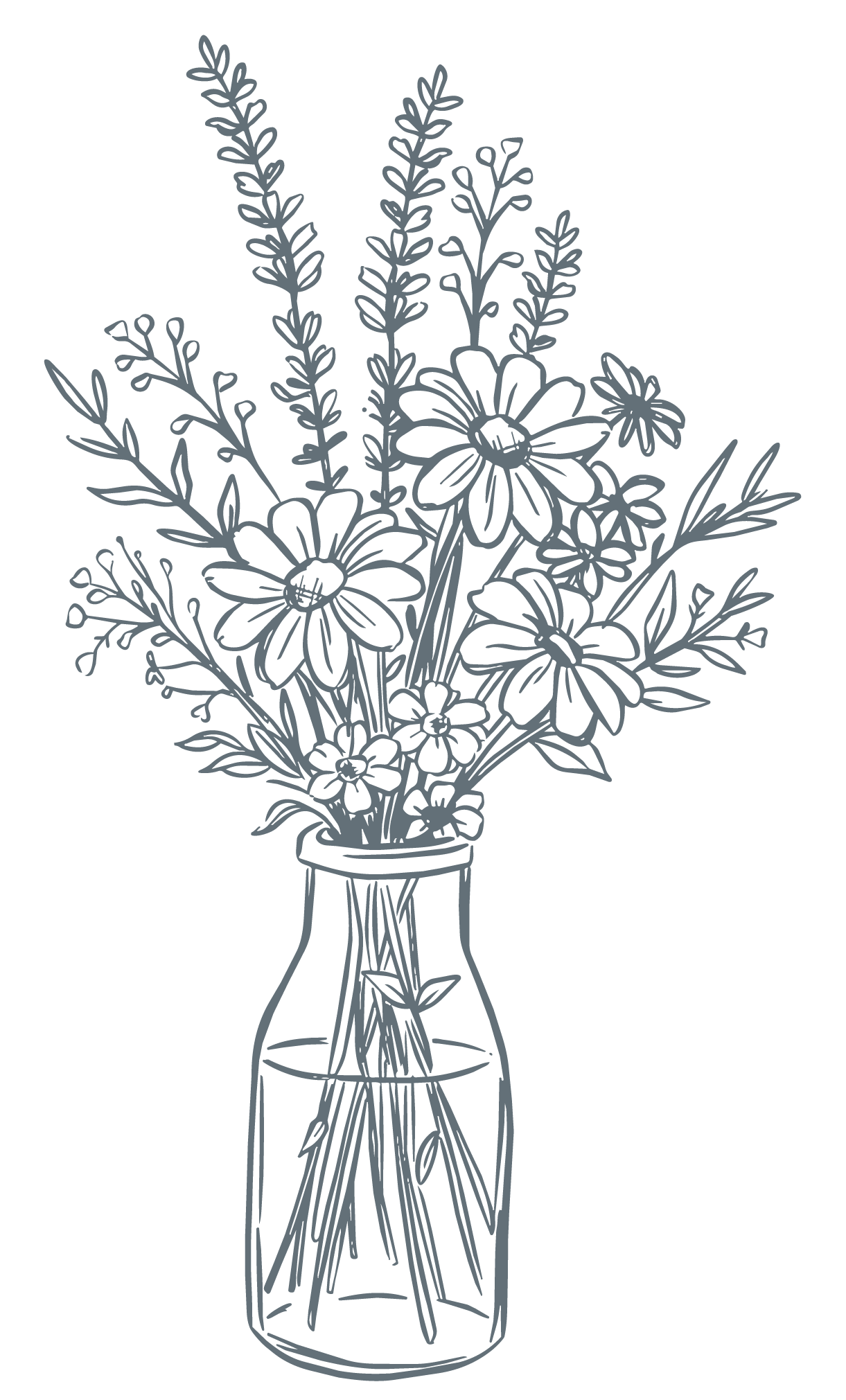 Line art drawing of a wildflower bouquet in a glass bottle vase with daisies and lavender sprigs.