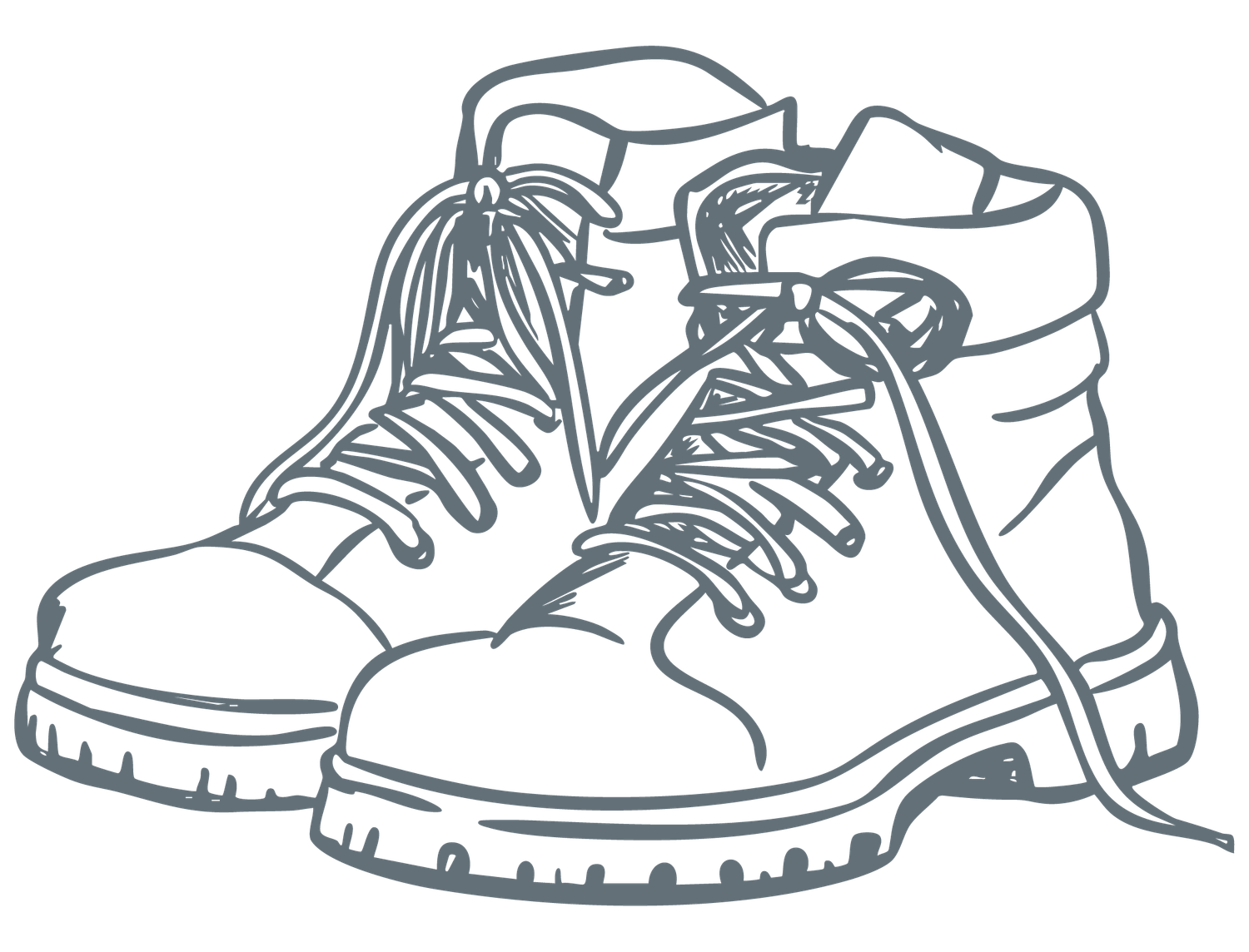 Pair of rugged lace-up work boots illustrated in gray outline style, ideal for hiking and outdoor activities.
