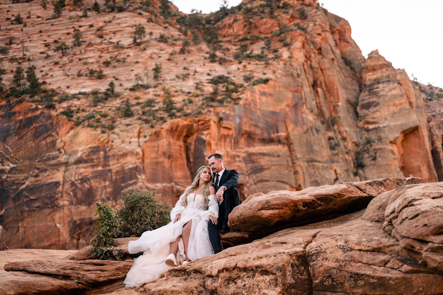 Wedding couple portraits in Zion National Park in October by Zion wedding photographer