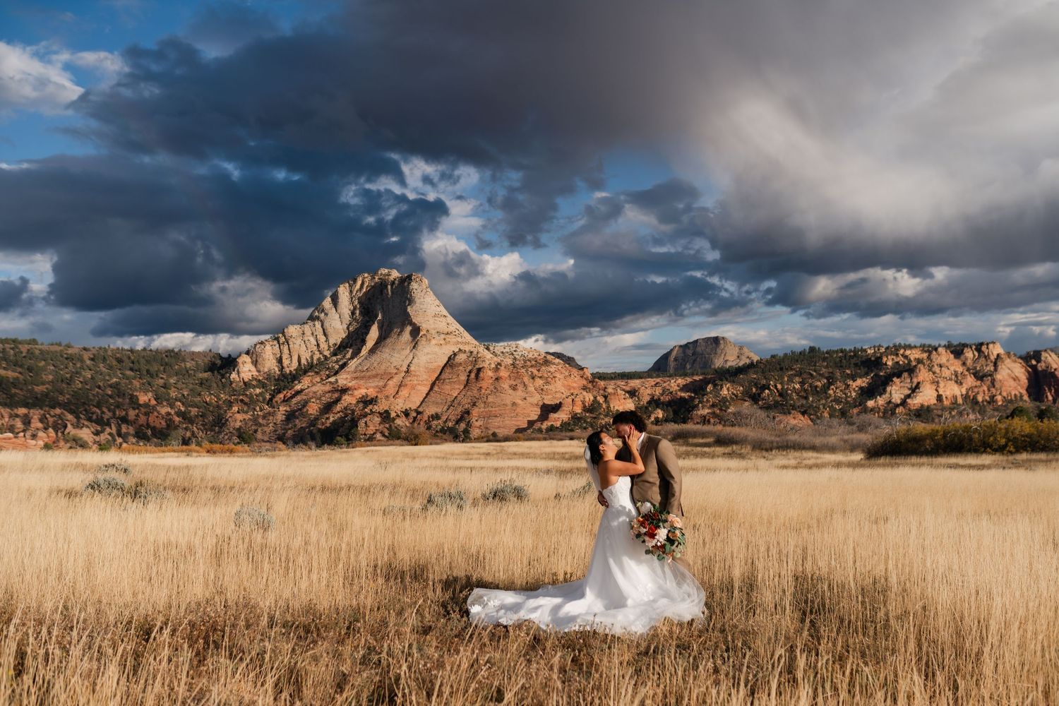 A panoramic series of landscape photos showing dramatic rock formations and golden fields under stormy skies.