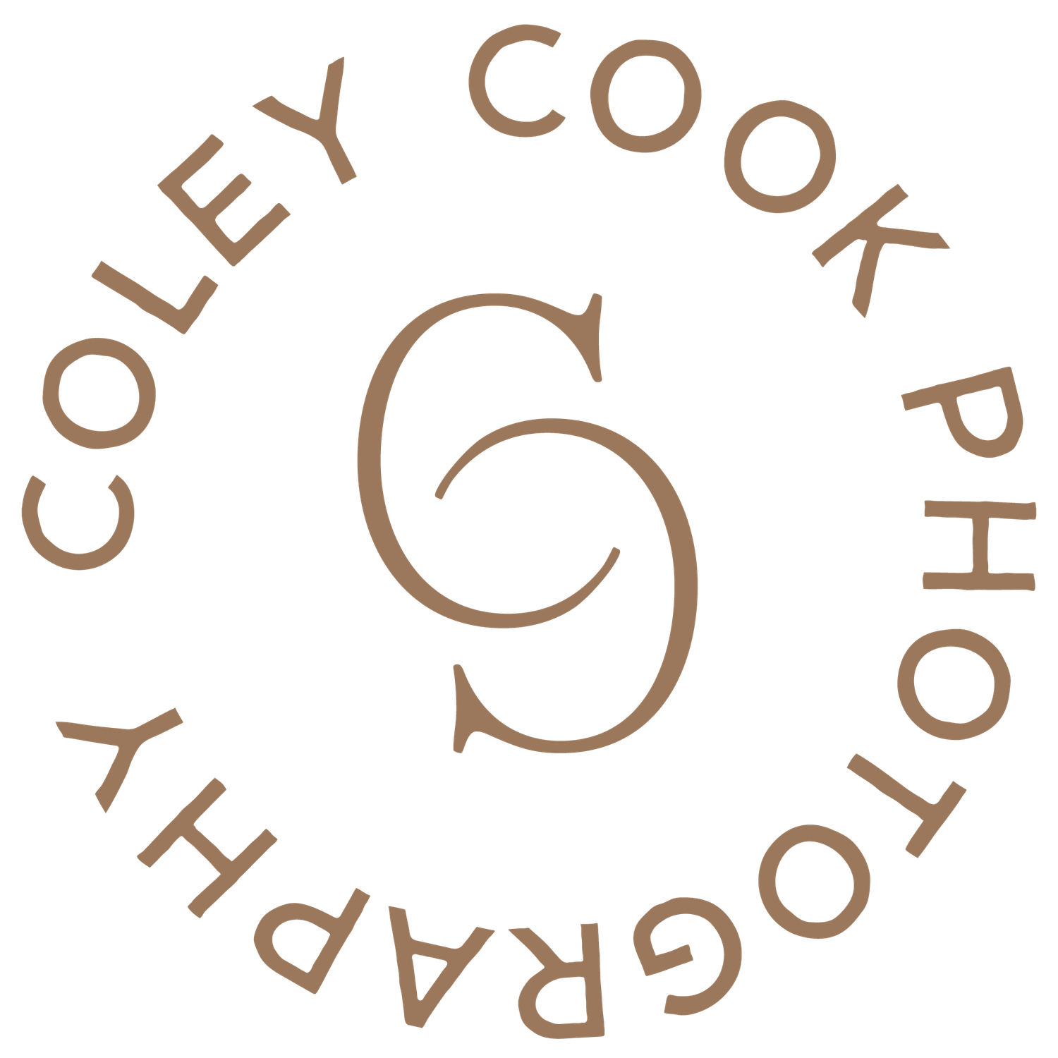 Circular logo for Coley Cook Photography featuring elegant interlocked letters in warm brown on white background.