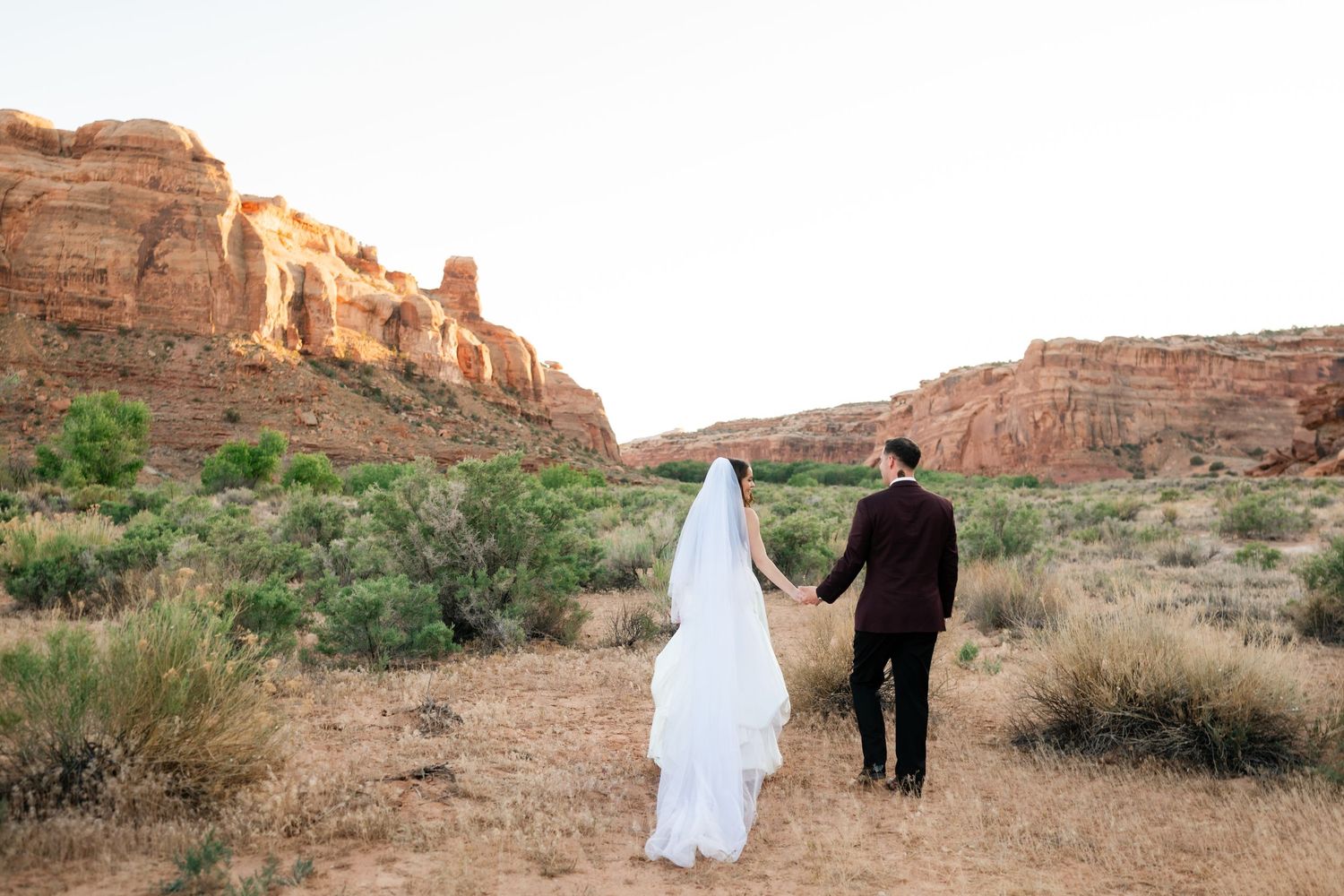 Bride and groom holding hands walking toward red rock canyon formations in a desert landscape.