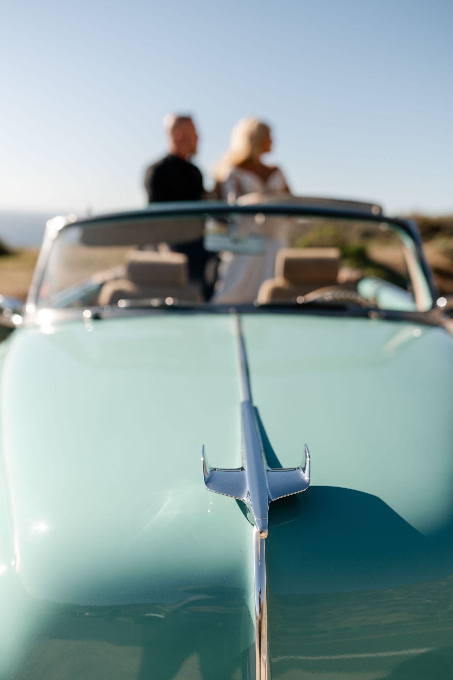 Classic mint green vintage car hood with chrome ornament detail against blue sky at sunset.