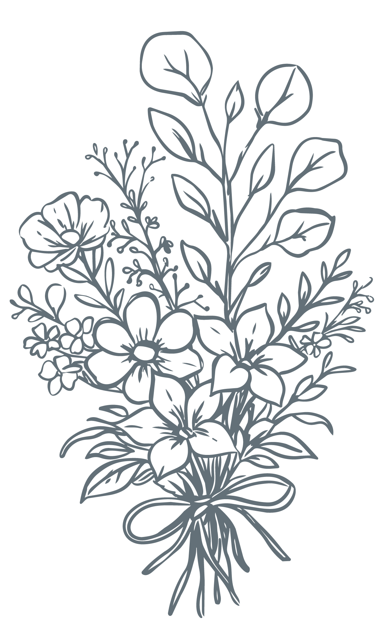 Hand-drawn floral bouquet illustration with wildflowers, eucalyptus leaves, and a tied ribbon bow in gray ink.