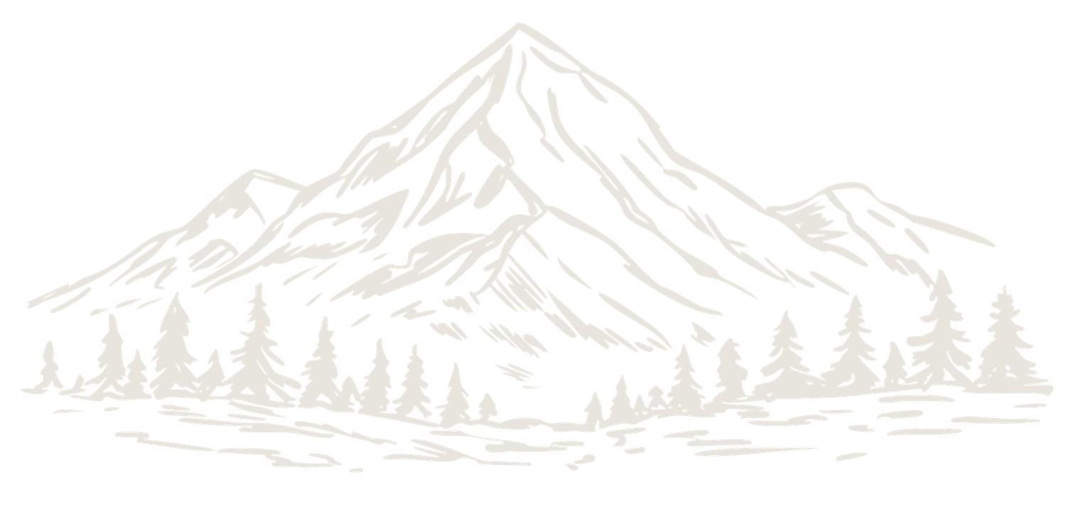 Minimalist line art illustration of a mountain landscape with pine trees in soft beige tones.