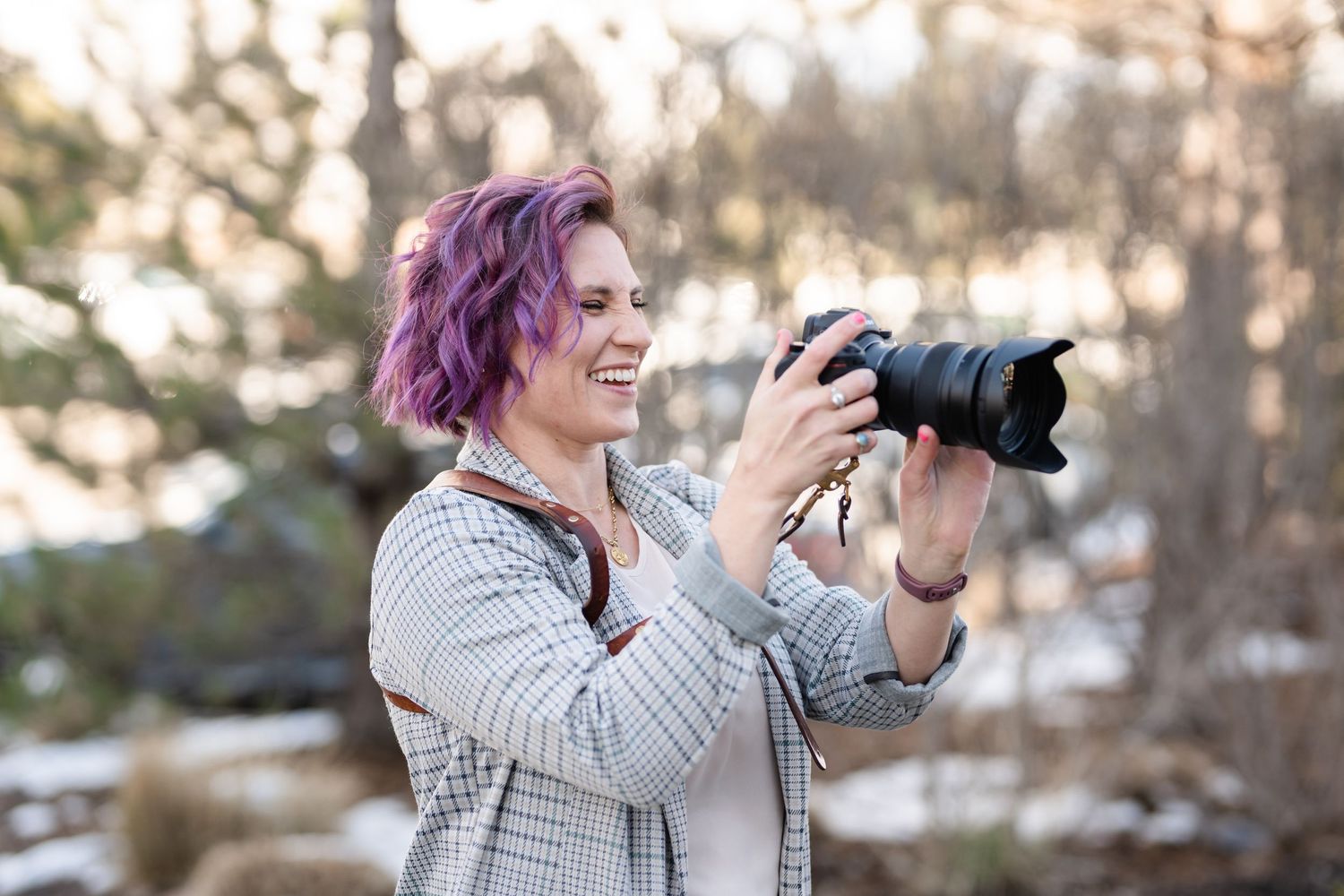 Purple hair long pixie cut on Utah Wedding Photographer.