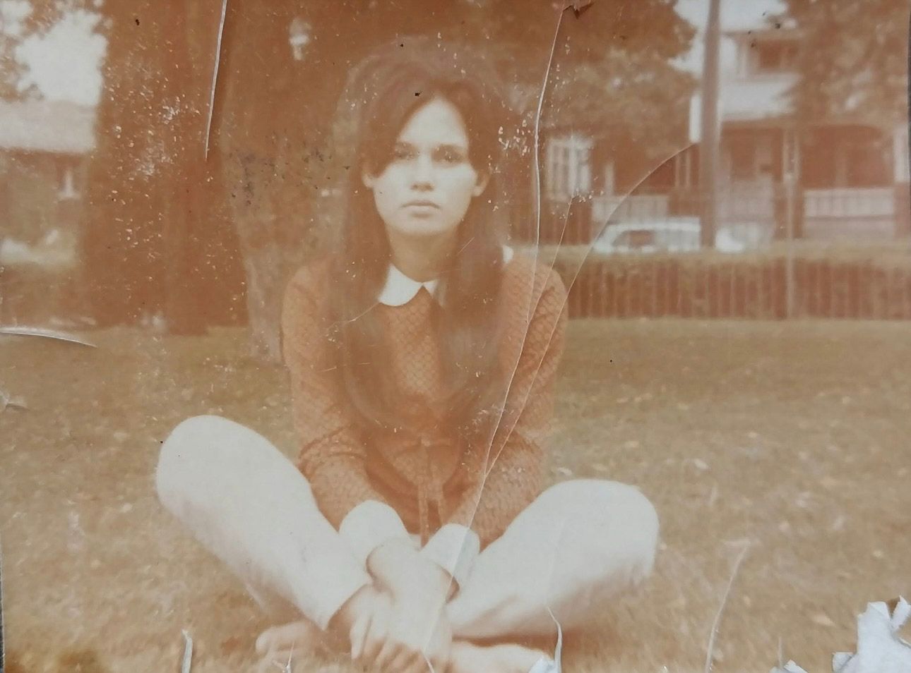A collage of vintage sepia photographs showing people posing outdoors in casual settings during what appears to be the 1970s.