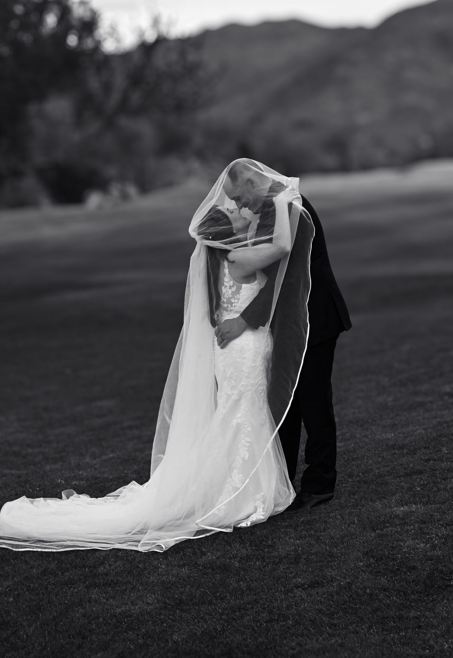 A romantic black and white wedding photograph showing a couple embracing under a flowing veil on a grassy hillside.