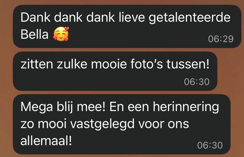Dutch WhatsApp chat messages expressing gratitude and joy over beautiful photos and memories shared.

Positieve review over editorial bruids