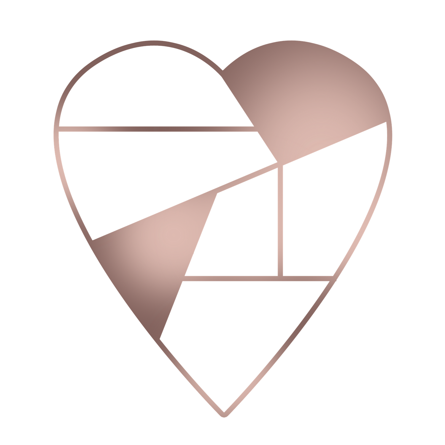 Modern geometric heart design in rose gold color against white background.