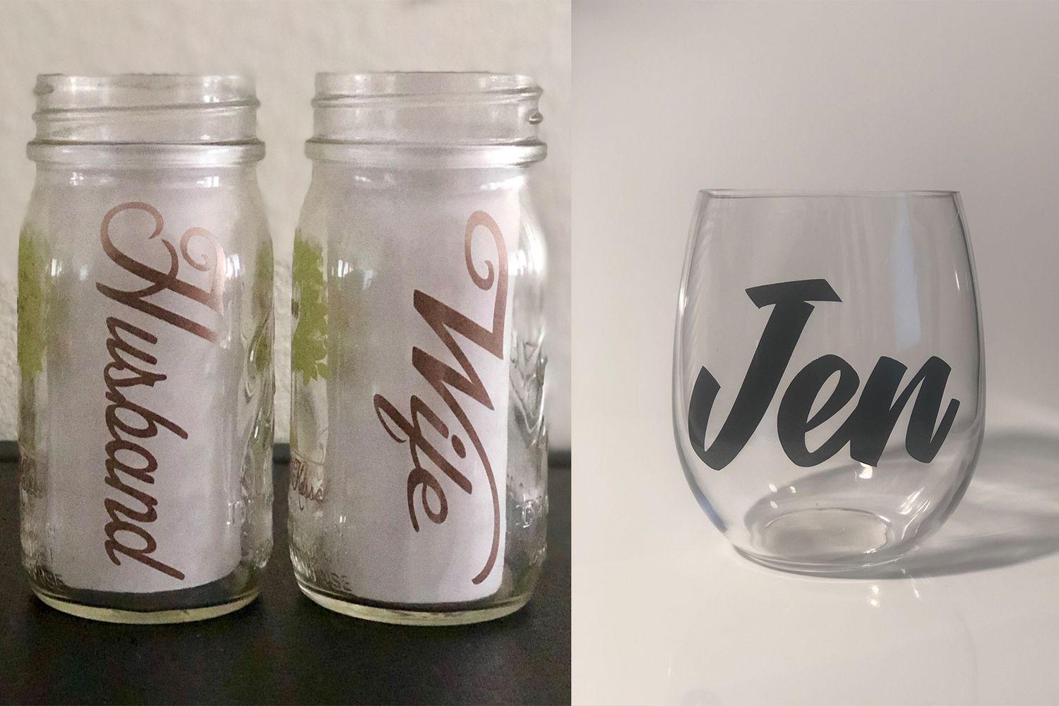 Vinyl stickers on glass mason jars and cup.