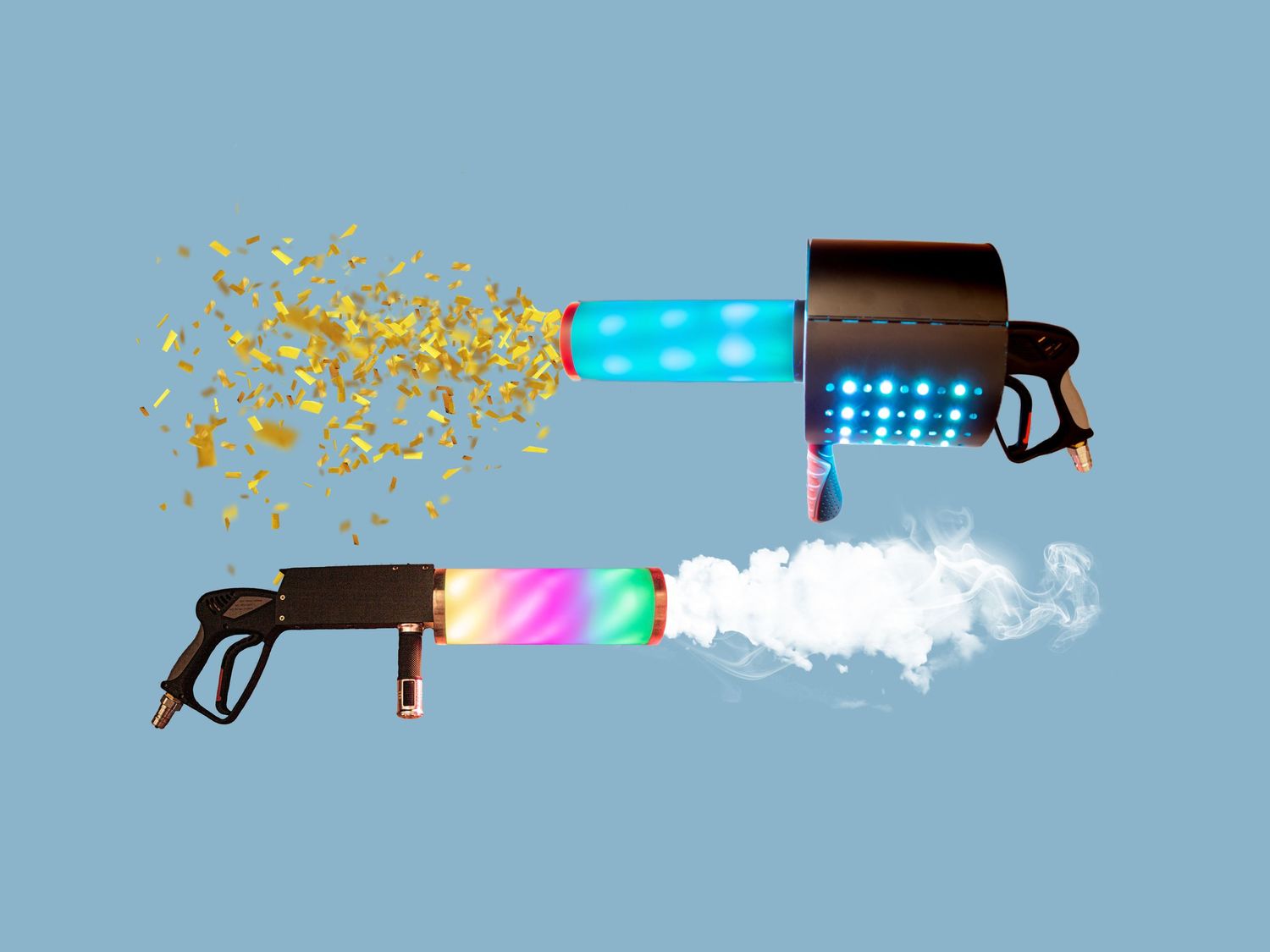 CO2 blasters illustrating fog and confetti effect and colorful lighting.