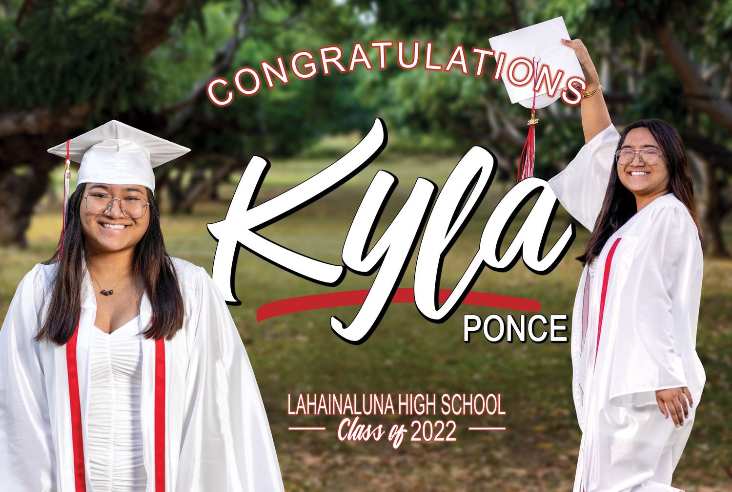 Graduation announcement design featuring graduate in white cap and gown.