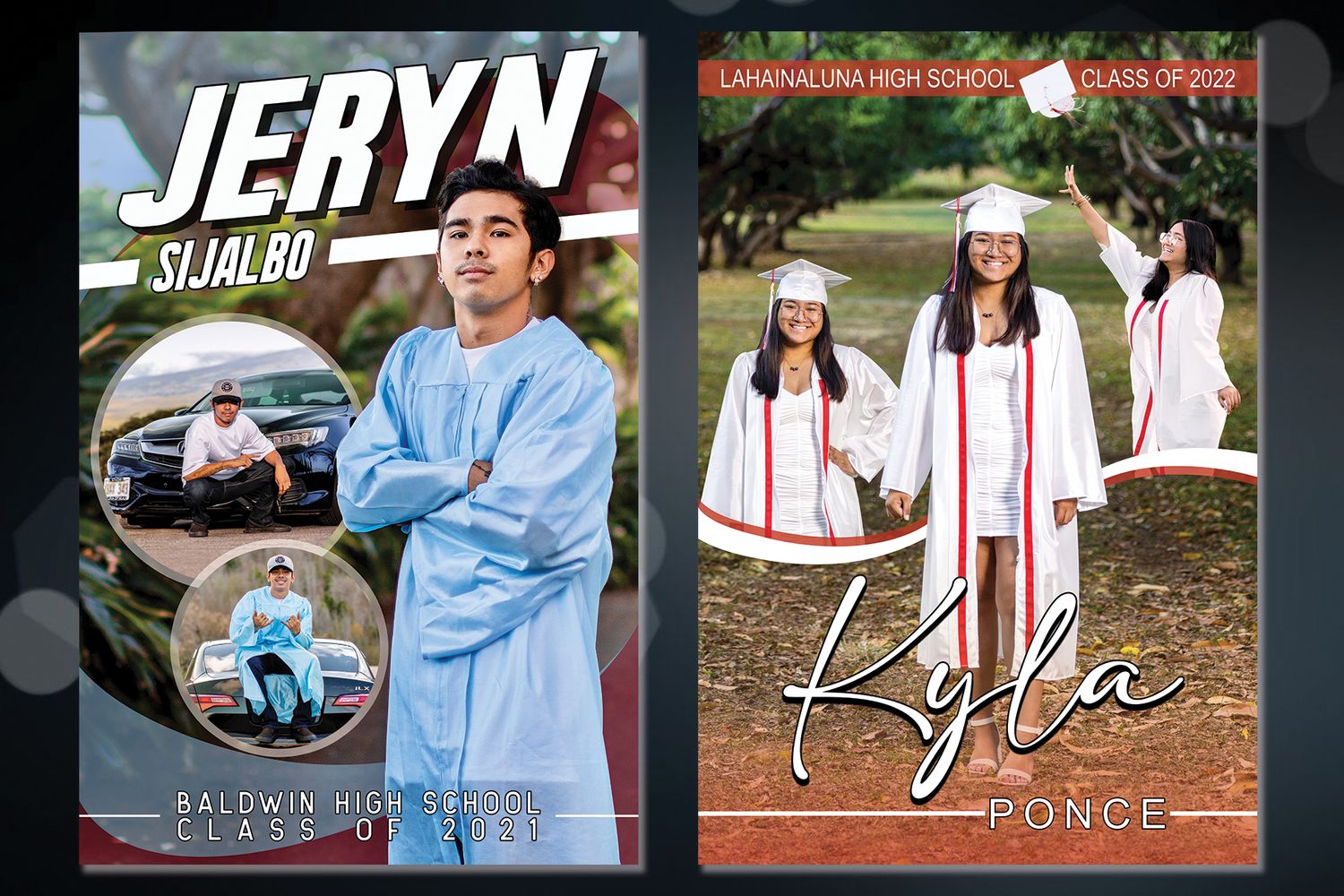 Graduation announcement designs showing student portraits and celebration photos.