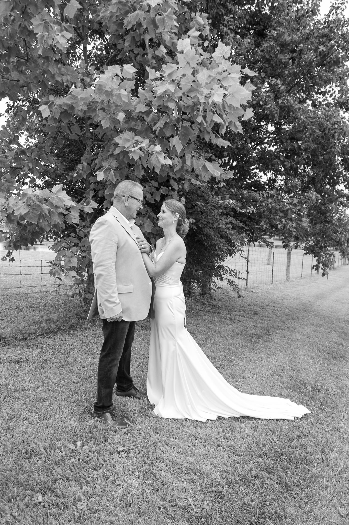 Black and white wedding portrait of a couple under a sprawling tree.