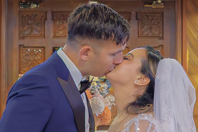 A romantic wedding photo collage showing four intimate kissing moments between newlyweds in elegant formal attire.