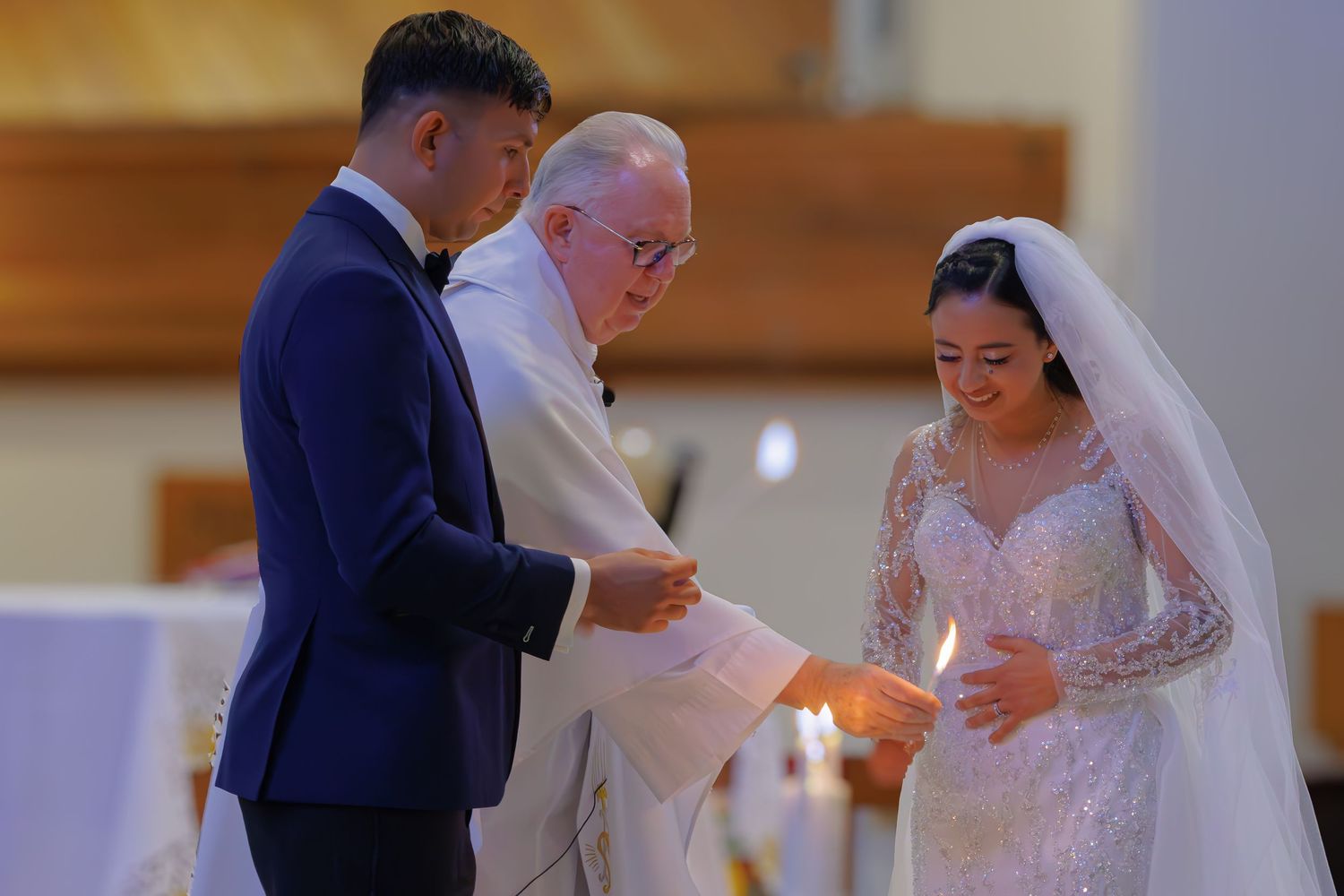 A romantic wedding ceremony sequence shows a couple exchanging vows and rings in an indoor venue.