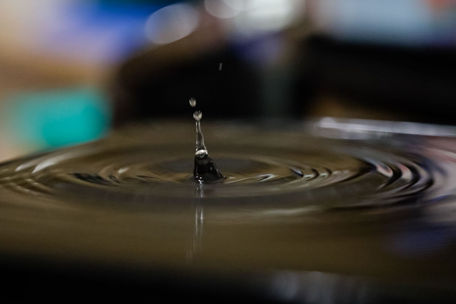 A water droplet creates concentric ripples on a liquid surface, captured in sharp focus with a blurred background.