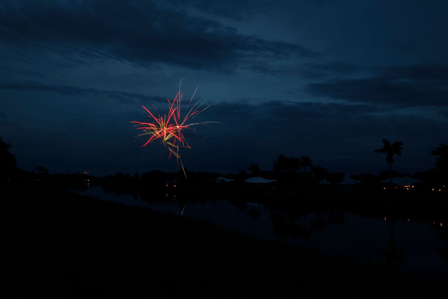 Fireworks burst in a dark night sky over a city skyline creating colorful reflections in the water below.
